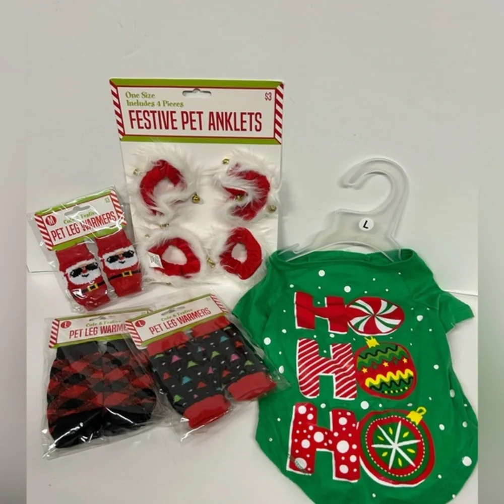 HOLIDAYS DOG BUNDLE, LEG WARMERS, JINGLE BELL SANTA ANKLETS & OUTFIT (HO HO HO)